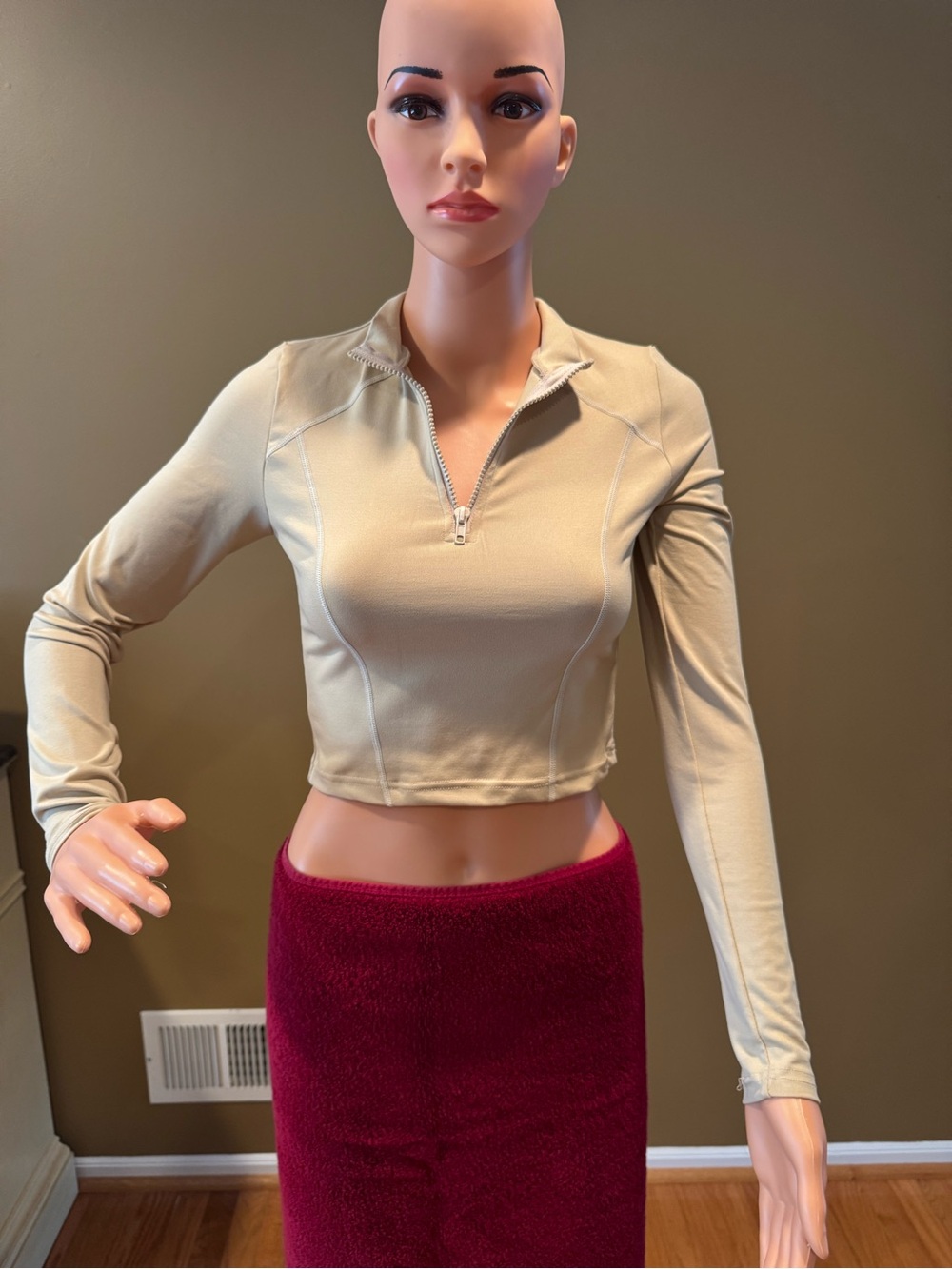 Allure Luxe Cropped Activewear Long-Sleeve Half-Zip Top in Beige
